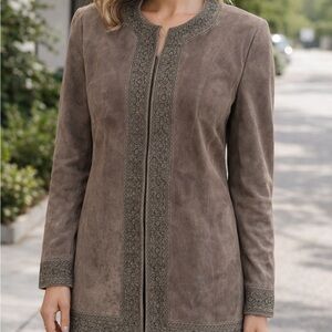 Oscar de la Renta Suede Jacket Olive Green Embroidered Vintage Tunic Coat SZ 12